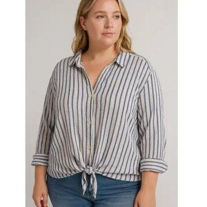 Calypso St. Barth Striped Linen Blend Tie Front Button Down Shirt